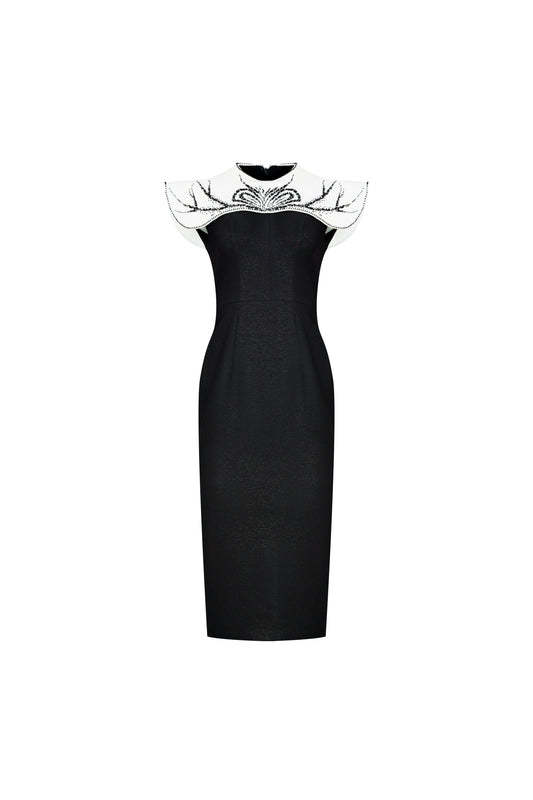 Black Midi Dress with Embellished White Collar
