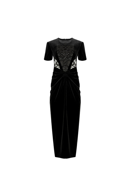 Black Velvet Dress with Lace Panel and Draped Detail