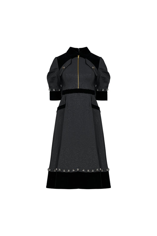Gabardine & Velvet Black Midi Dress with Puff Sleeves and Zipper Front