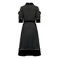 Gabardine & Velvet Black Midi Dress with Puff Sleeves and Zipper Front