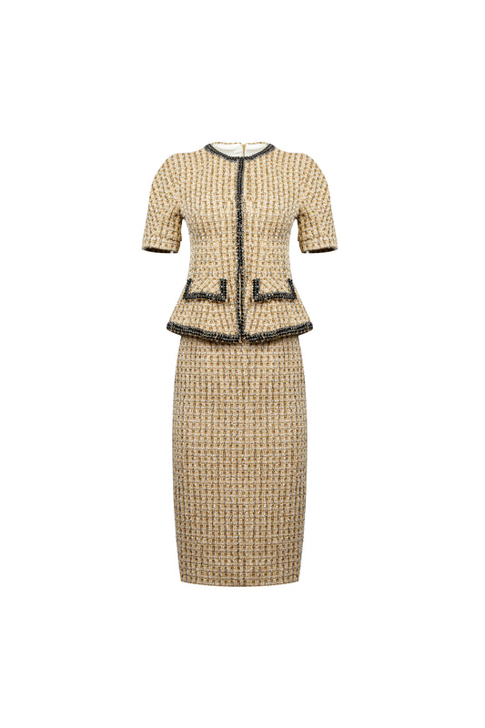 Tweed Two-Piece Suit with Short Sleeves and Pencil Skirt