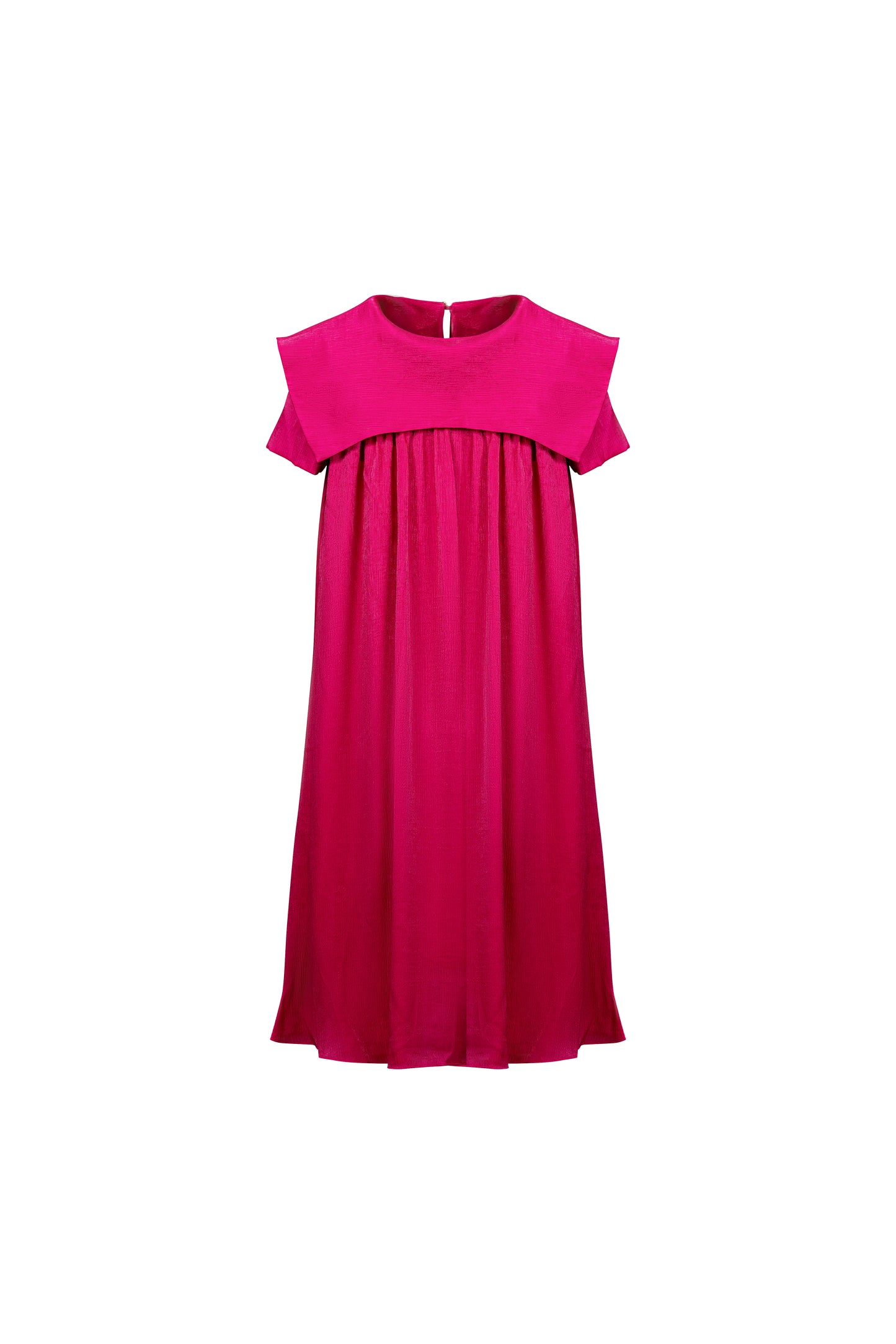 Fuchsia Pleated A-Line Midi Dress with Cape Sleeves