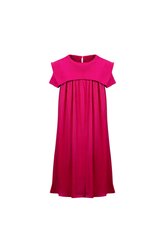 Fuchsia Pleated A-Line Midi Dress with Cape Sleeves