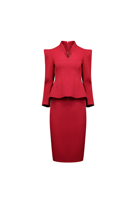 Red Gabardine Skirt Suit for Women - Tailored Formal Wear
