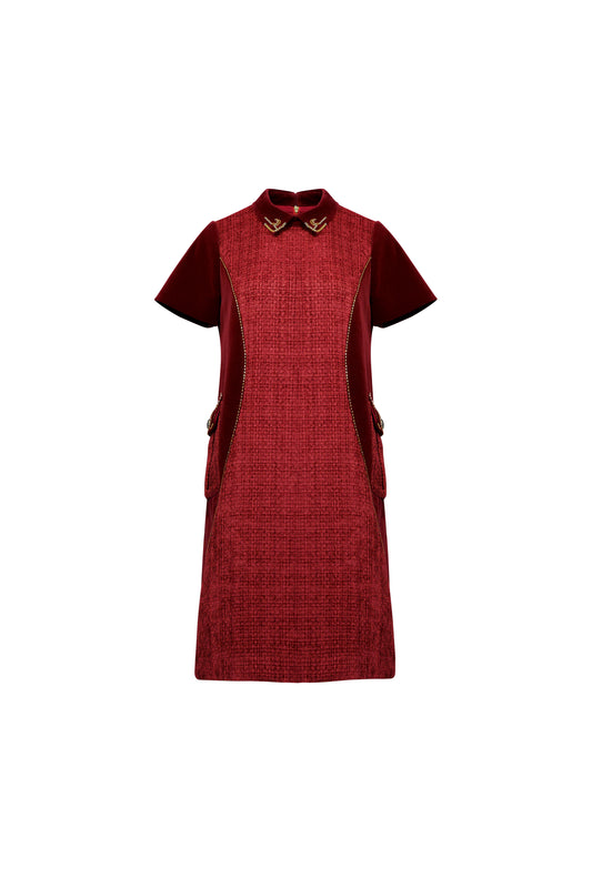 Chic Burgundy A-Line Dress with Velvet Accents and Embellished Collar
