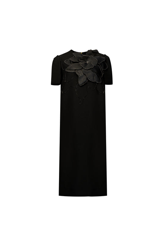 Black Gabardine Dress with Silk Floral Applique