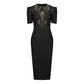 Gabardine & Lace Black Midi Dress with Sheer Lace Panel