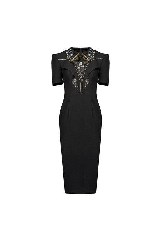 Gabardine & Lace Black Midi Dress with Sheer Lace Panel