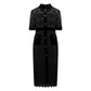 Black Lace and Velvet Button-Down Midi Dress