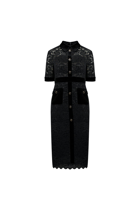 Black Lace and Velvet Button-Down Midi Dress