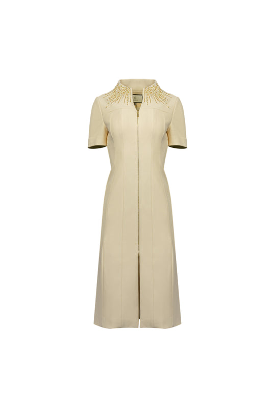 Tweed Midi Dress with Pleated Collar