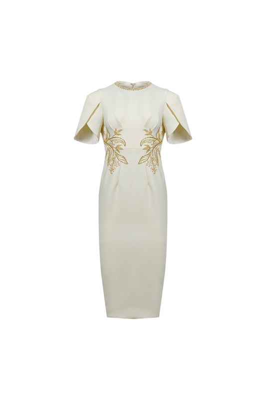 Le SoLeil Embroidered Gabardine Midi Dress with Cape SLeeves