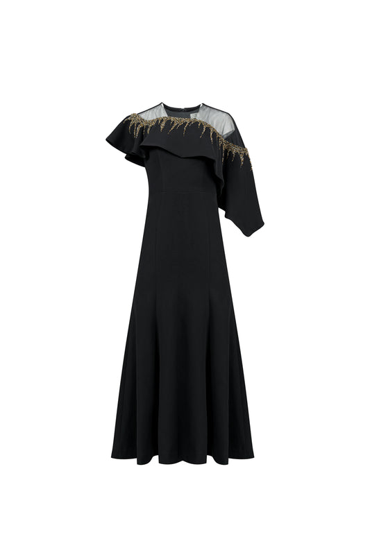 Le SoLeil Twill One-Shoulder Maxi Dress with Embroidered RuffLe