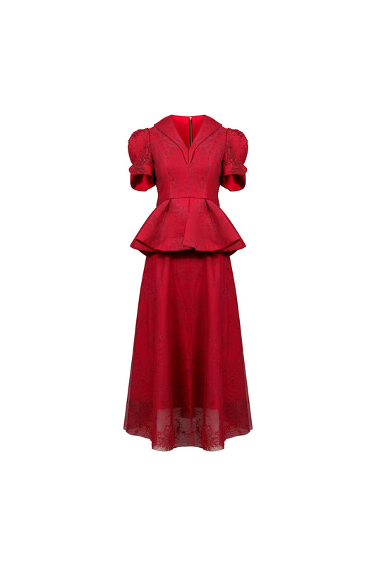 Taffeta and Lace Vest Blouse with Flared Midi Dress