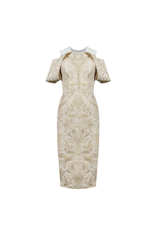 Le Soleil Off-Shoulder Jacquard Brocade Midi Dress