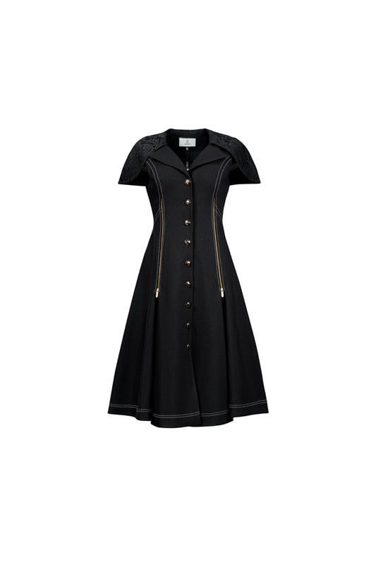 Black A-Line Button-Up Midi Dress with Cape Sleeves
