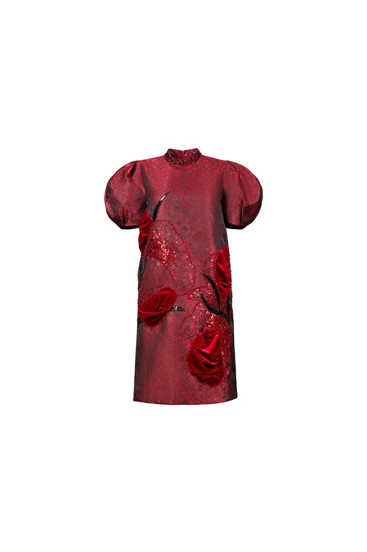 Le SoLeil Jacquard Silk Puff SLeeve A-Line Dress