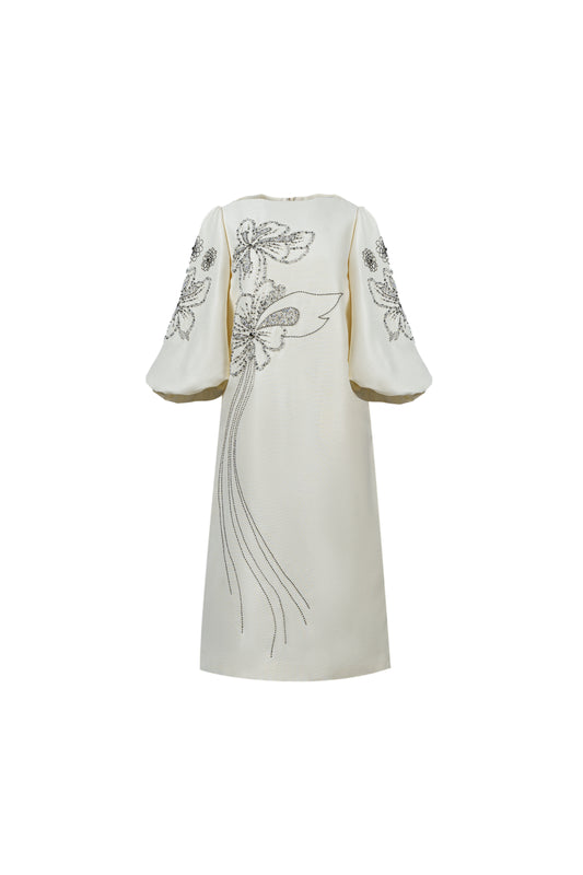 Metallic Taffeta Midi Dress with Embroidered Floral Design