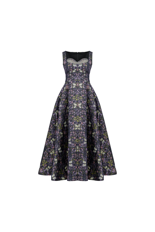 Floral Jacquard Brocade A-Line Dress