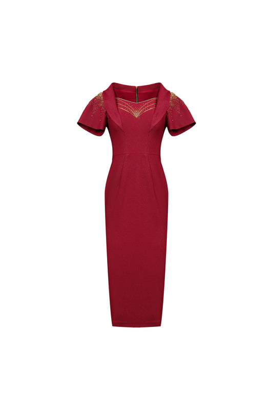 Gabardine and Silk Midi Dress with Lace Detail