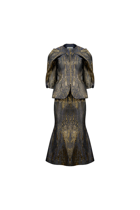 Jacquard Brocade Skirt and Blouse Set with Bow Detail