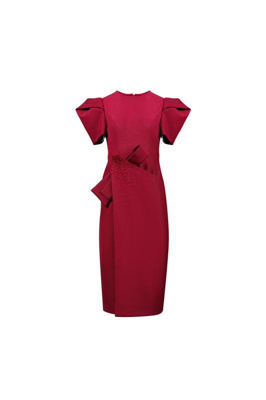 Structured Gabardine Midi Dress with Statement Bow