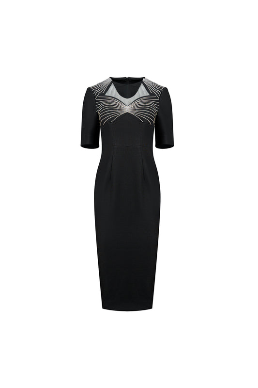 Le SoLeil Gabardine Dress with Mesh Yoke and Embroidered Detail