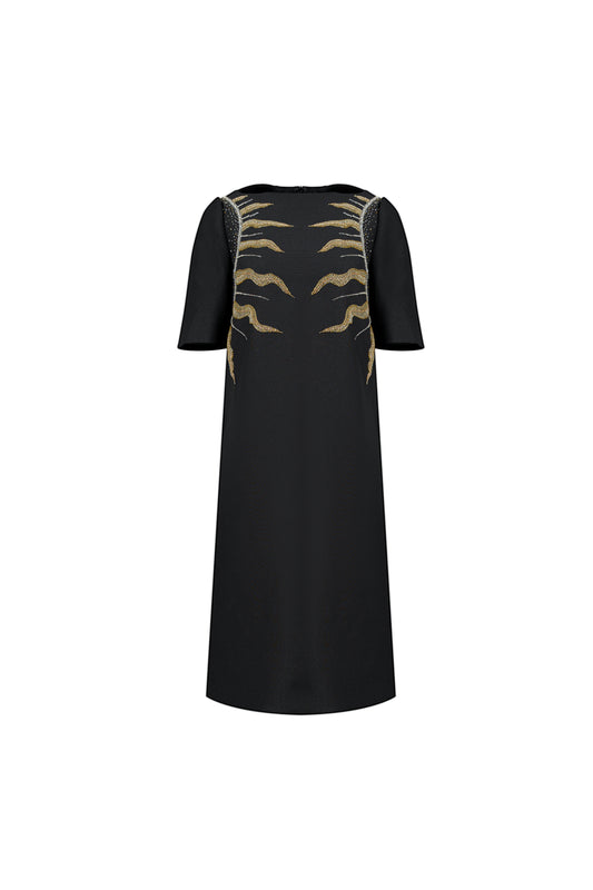 Le SoLeil Gabardine A-Line Dress with Embroidered Detail