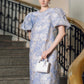 Blue Floral Jacquard Midi Dress with Puff Sleeves