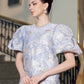Blue Floral Jacquard Midi Dress with Puff Sleeves