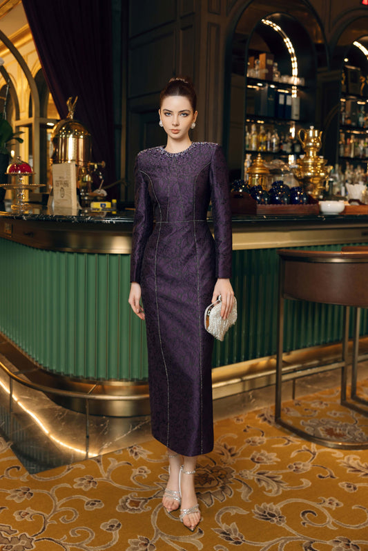 Plum Lace Evening Dress with Crystal Accents