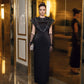 Black Sheath Dress with Embellished Cape and Sheer Sleeves