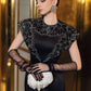 Black Sheath Dress with Embellished Cape and Sheer Sleeves
