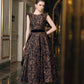 Bronze Floral Jacquard Evening Gown with Velvet Waistband