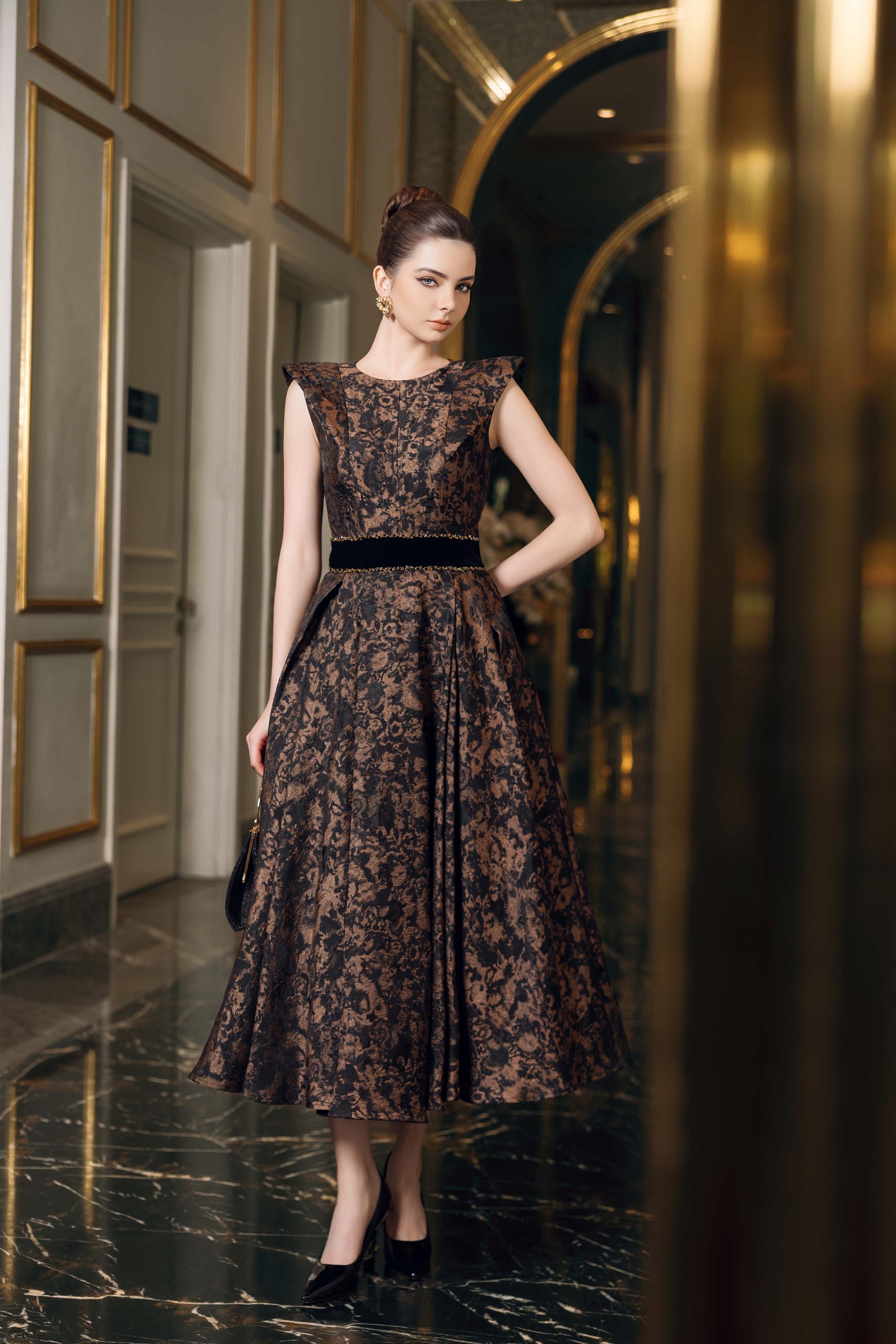 Bronze Floral Jacquard Evening Gown with Velvet Waistband Bronze Floral Jacquard Evening Gown with Velvet Waistband