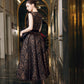 Bronze Floral Jacquard Evening Gown with Velvet Waistband