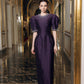 Purple Jacquard Evening Gown with Puff Sleeves & Embellished Neckline