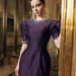 Purple Jacquard Evening Gown with Puff Sleeves & Embellished Neckline