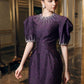Purple Jacquard Evening Gown with Puff Sleeves & Embellished Neckline
