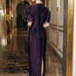 Purple Jacquard Evening Gown with Puff Sleeves & Embellished Neckline