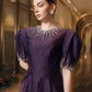 Purple Jacquard Evening Gown with Puff Sleeves & Embellished Neckline