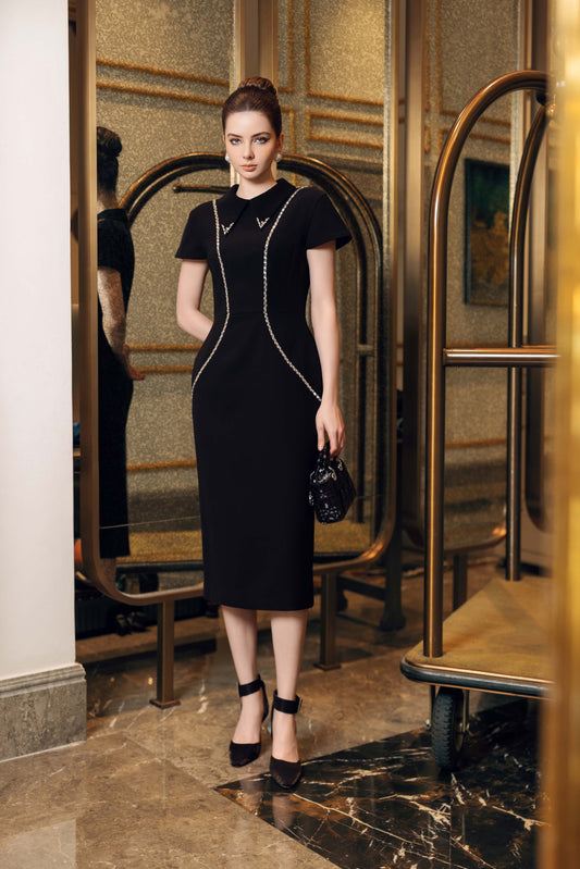 Black Midi Dress with Crystal Embellishments and Cap Sleeves