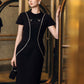 Black Midi Dress with Crystal Embellishments and Cap Sleeves