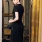Black Midi Dress with Crystal Embellishments and Cap Sleeves