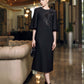 Black Midi Dress with Beaded Appliqué and Flared Sleeves