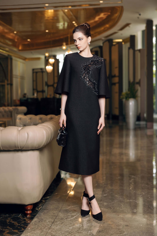 Black Midi Dress with Beaded Appliqué and Flared Sleeves