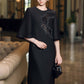 Black Midi Dress with Beaded Appliqué and Flared Sleeves