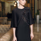 Black Midi Dress with Beaded Appliqué and Flared Sleeves
