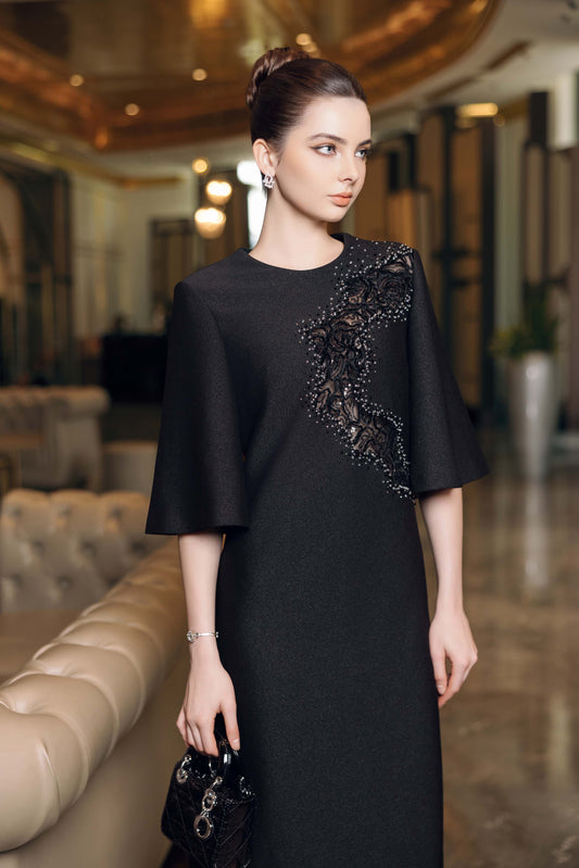 Black Midi Dress with Beaded Appliqué and Flared Sleeves