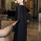 Black Midi Dress with Beaded Appliqué and Flared Sleeves